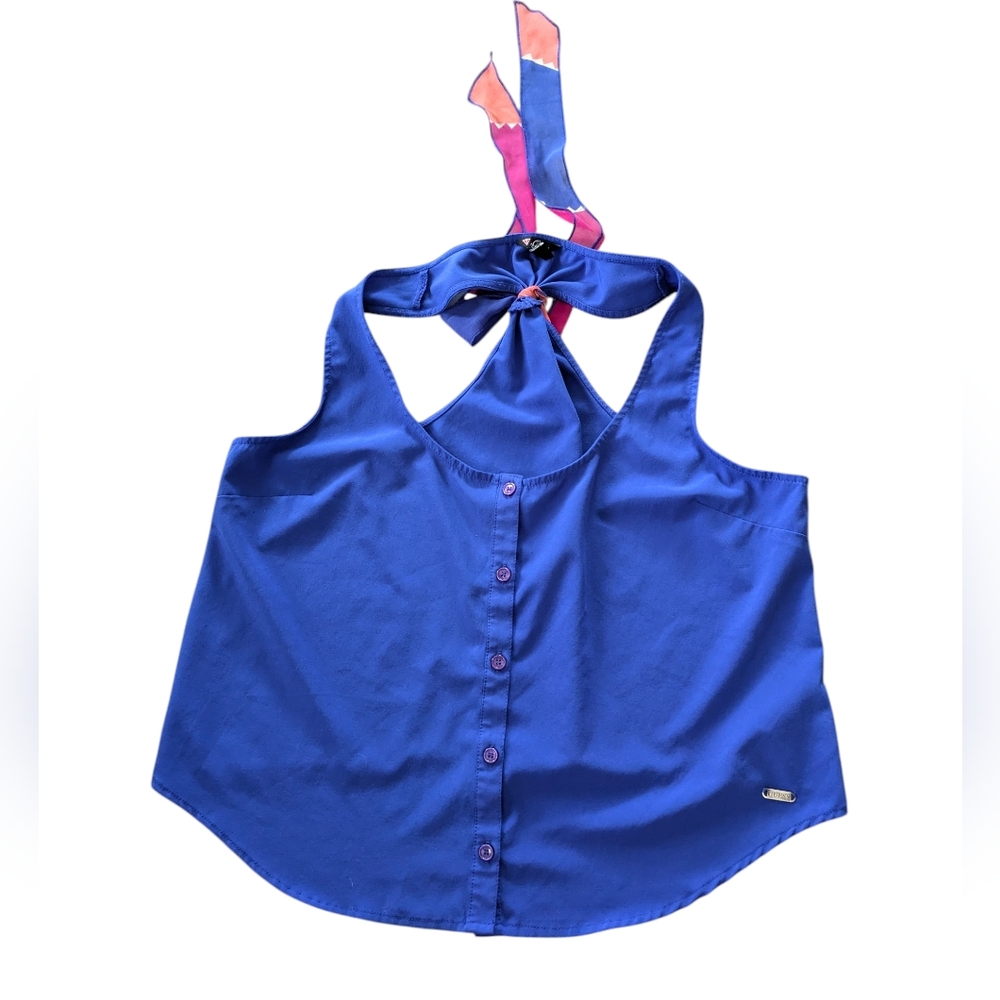 Guess Festival Top‎ Blue Sleeveless Blue chiffon tank drape Button **